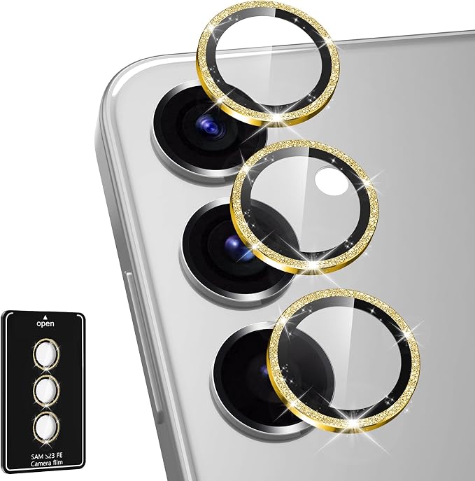 for Samsung Galaxy S23 FE Camera Lens Protector, Individual Metal Ring Tempered Glass Lens Cover, [Strong Adsorption] Scratch Resistant Ultra-Thin HD Clear Lens Cover, 1 Set-Gold Sparkly by Btscase
