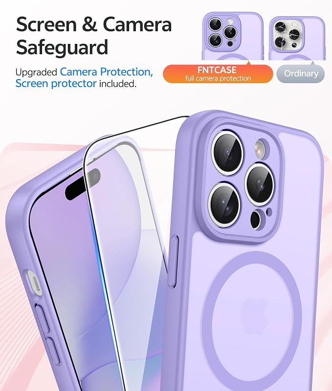 FNTCASE for iPhone 15 Pro Case, Fit for Magsafe, Screen Protector | Full Camera Protection, Translucent Matte, 14FT Military Grade Drop Proof, Shockproof Protective Phone Cover,Light Purple - Image 4