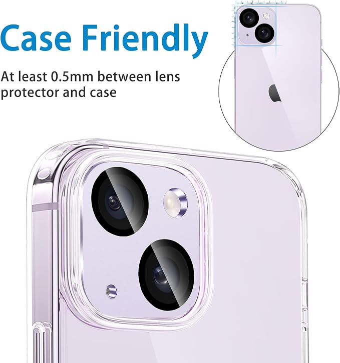 Camera Lens Protector for iPhone 14 /iPhone 14 Plus Metal Camera Cover Film, 9H Tempered Glass, Anti-Scratch, Case Friendly - Purple - Image 6