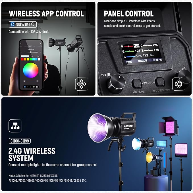 NEEWER 230W High Power RGB LED Video Light, APP/2.4G Control, 2500K-7500K 23000lux/1m COB Continuous Output Lighting, 17 Effects CRI95+ Bowens Spotlight for Studio Photography Video Recording, FS230C - Image 6