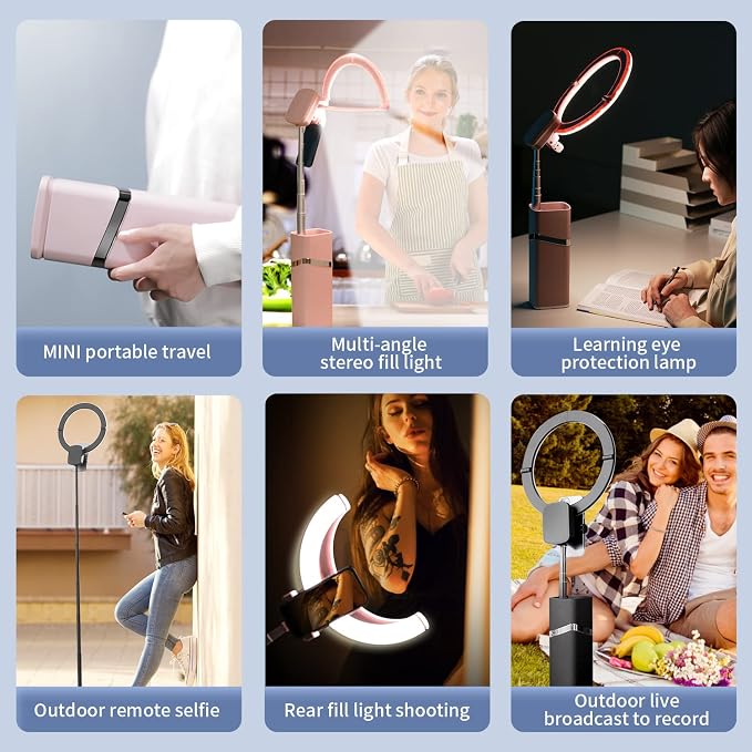 Portable Ring Light with Stand, 4000mAh Battery Operated Cordless 10" Ring Light, Foldable Travel Ring Light, 79" Tripod Stand for Video Conference/Selfie/Live Stream/Makeup，Pink - Image 2