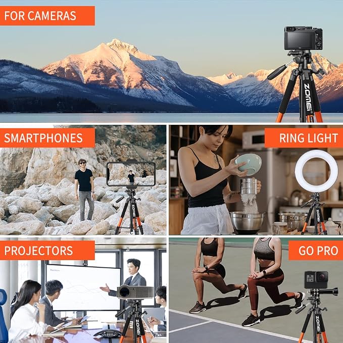 Tripod Camera Tripods, 74" Heavy Duty Tall Camera Stand Tripod with Phone Holder, Compatible with DSLR Cameras,Cell Phones,Projector,Webcam,Spotting Scopes(Orange) - Image 7