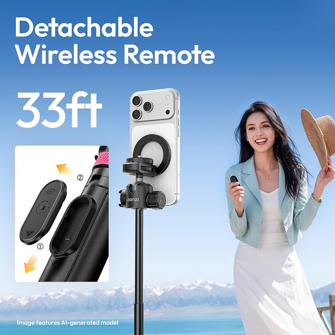 ULANZI MT44M Auto Open Magnetic Phone Tripod, 59" Selfie Stick with Remote | Tripod Stand 2-in-1 Dual Mount&1/4" Screw for Phone&Camera, 360°Ball Head for iPhone Android, Vlogging, Live Streaming, Black - Image 3