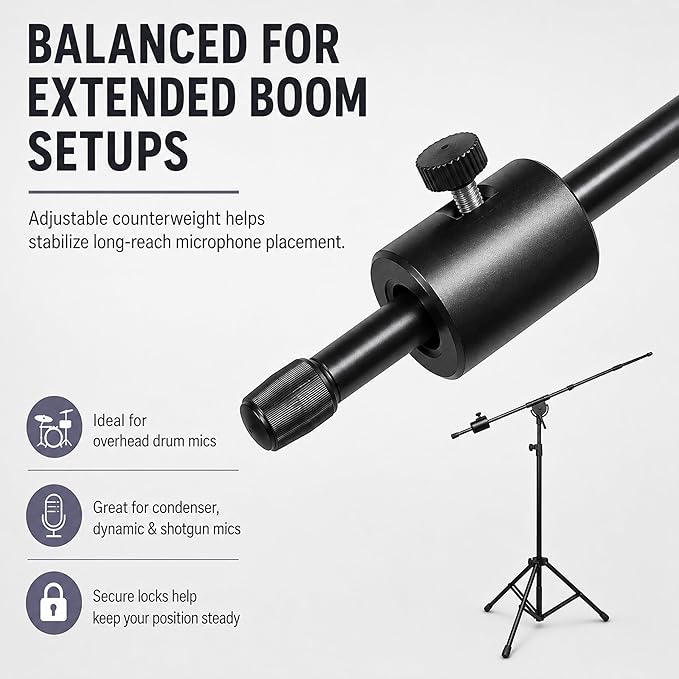 LyxPro SMT-1 Professional Microphone Stand Heavy Duty 93” Studio Overhead Boom Stand 76” Extra Long Telescoping Arm Mount, Foldable Tripod Legs & Adjustable Counterweight | OVERHEAD STUDIO BOOM STAND: Tall 93 inch mic stand with 76 inch boom for drums,... - Image 4