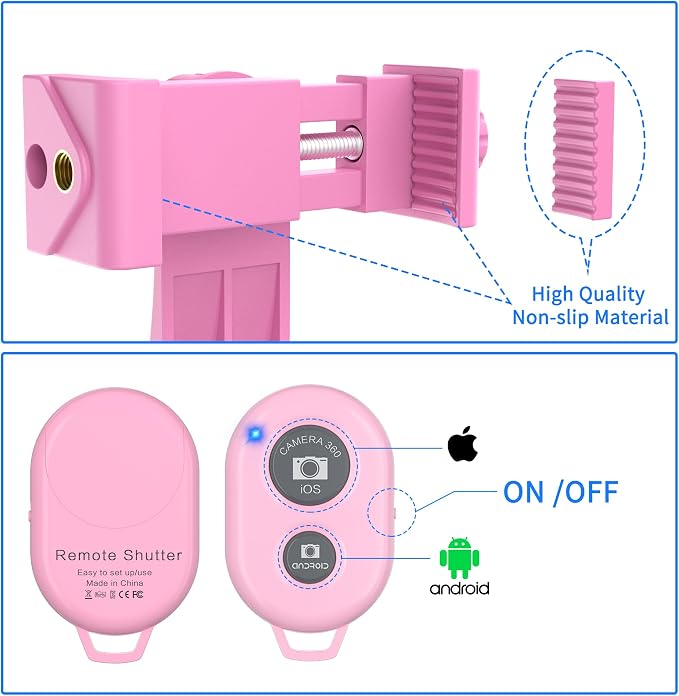 Universal Phone Tripod Mount Adapter with Ｗireless Camera Remote, Cell Phone Holder with Adjustable Clamp for Selfie Stick Monopod Compatible with iPhone, Samsung and so on -Pink - Image 4