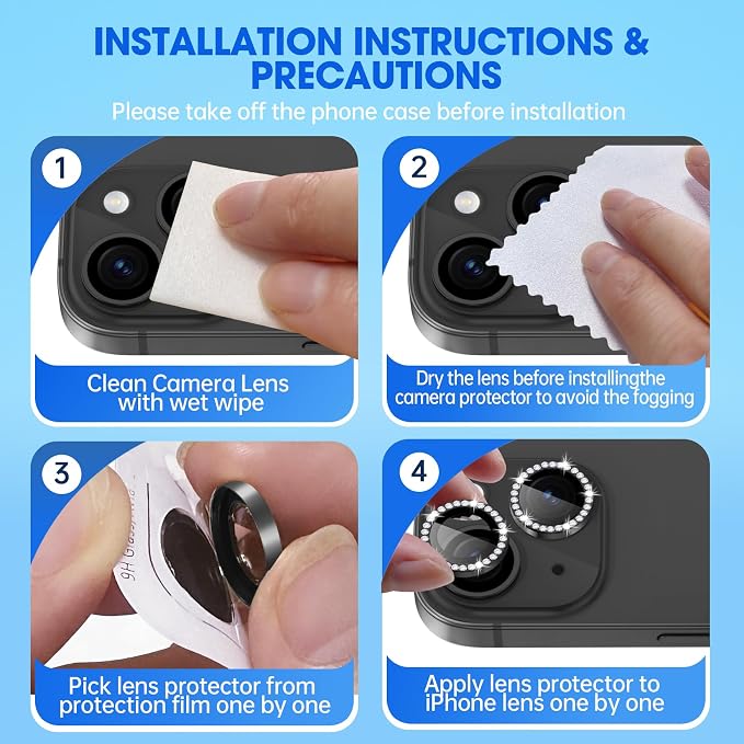 for iPhone 15/15 Plus Camera Lens Protector Bling Diamond, Black | Individual Metal, 9H Hardness, Scratch Resistant, Shockproof, Drop Protection, Case Friendly, Stylish Accessories - Image 6