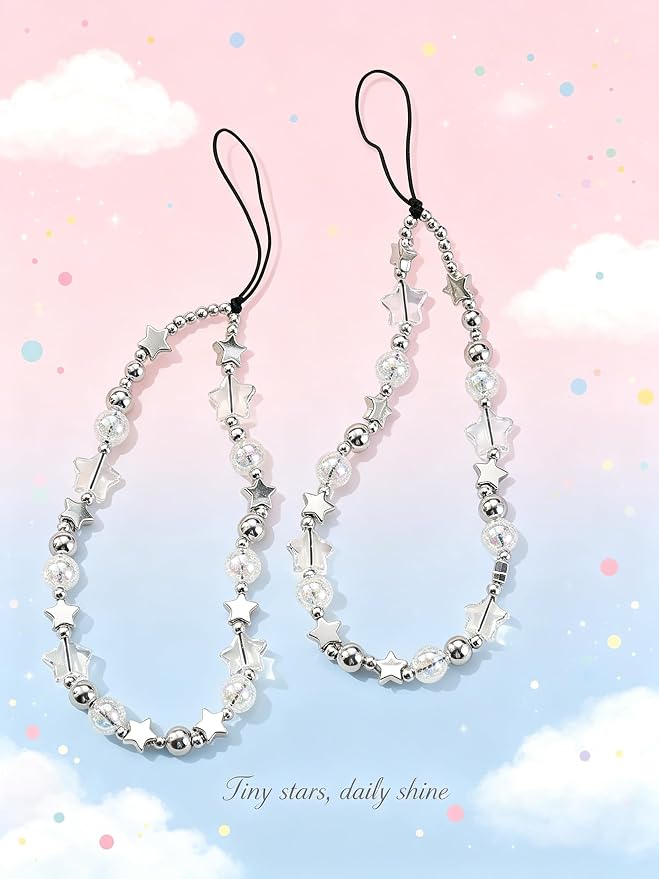 2 Pcs Phone Charm Strap Hand Wrist Strap Camera Lanyard Pearl Beaded Cute Chain String Accessories Universal for iPhone 17 Pro Max 16 15 14 for Samsung Women Girls Keychain Bag Autumn Crystal and Star - Image 5