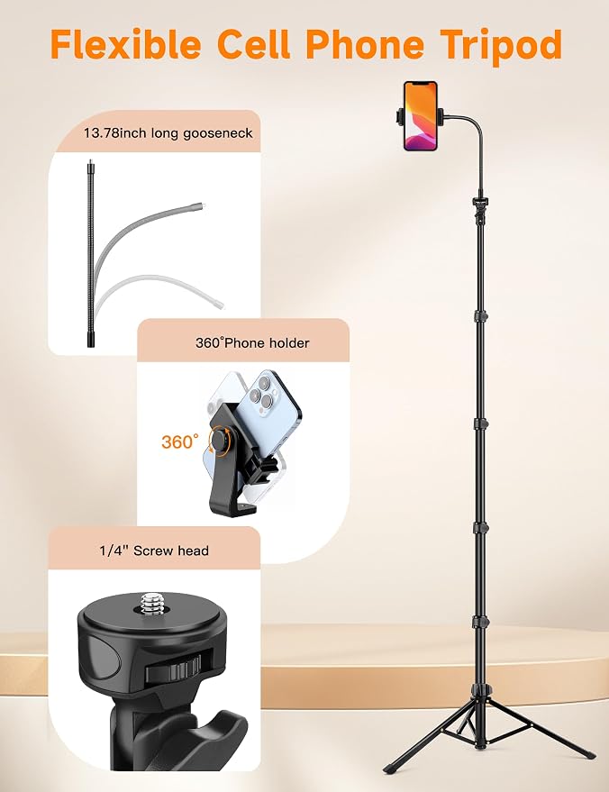 Phone Tripod, 86" Tall Tripod for iPhone with Flexible Gooseneck & Remote | Portable Aluminum Cellphone Stand for Selfies, Video Recording,Travel, Compatible with iPhone Android - Image 7