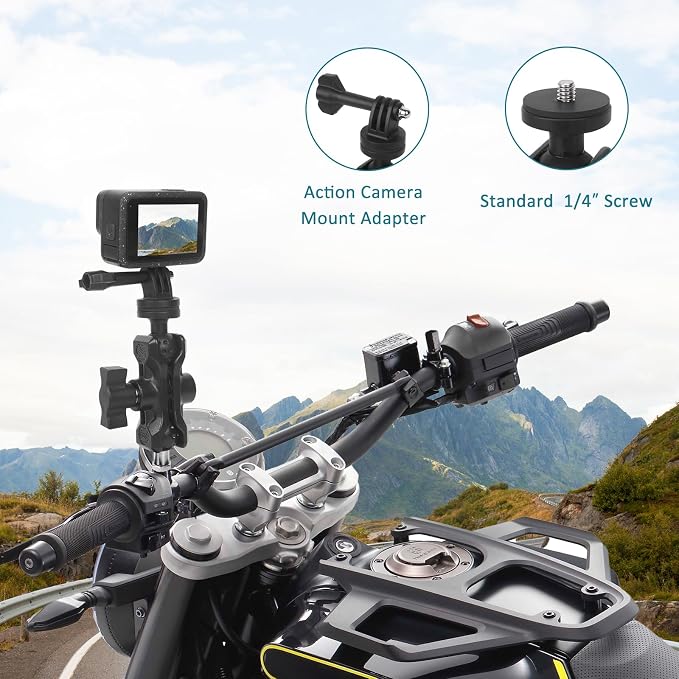 Camera Mount with 360°Dual Ball Head, Motorcycle Handlebar Mounting Bundle Kit for lnsta360 X5/X4/X3/ Gopr0//LED Light, 1/4"-20 & Tripod Adapter, Action Camera Mount Adapter for M8 Hole Base,75018 - Image 2