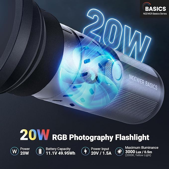 NEEWER BASICS 20W RGB Photography Flashlight with 4 Colors/20 Gobo Filters, Built in 49.95Wh Battery, 6300K CRI95+ Portable LED Spotlight Ambient Sunset Light for Video Recording Studio Lighting, FL20 - Image 2
