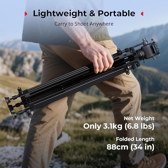 SMALLRIG 73''/186cm Heavy Duty Aluminum Alloy Video Tripod, Max Load 8kg (18lbs), Fluid Head with +85° to -78 Tilt Range, Compact Travel Tripod Weight 3.1kg(6.8lbs), Folded Height 88cm, AD-14 - Image 3