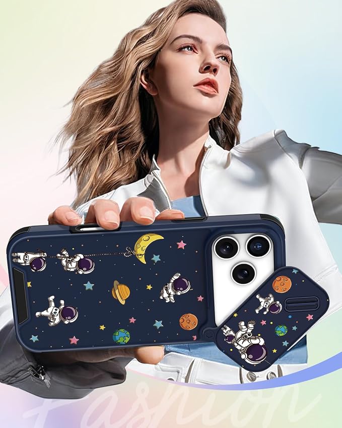 Buleens for iPhone 17 Pro Max Case 6.9 Inch - with Ring Stand & Camera Cover Aesthetic Cute Designed for Women Girls Girly Cartoon Astronaut Phone Case for iPhone 17 Pro Max Compatible with Magsafe - Image 6