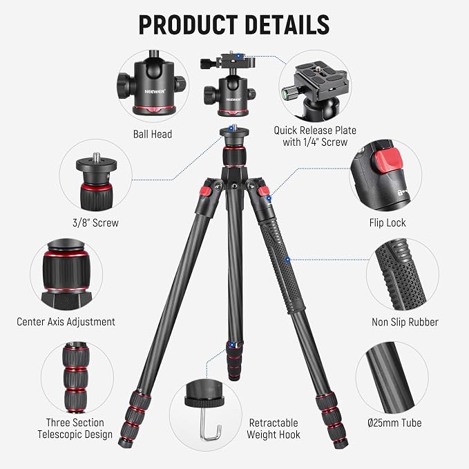 NEEWER 66"/168cm Carbon Fiber Camera Tripod with 360° Ball Head, N55C | Panorama, 1/4" Arca QR Plate, Portable Bag, Compact Travel Tripod Monopod for DSLR Video Camcorder, Max Load 26.5lb/12kg - Image 10