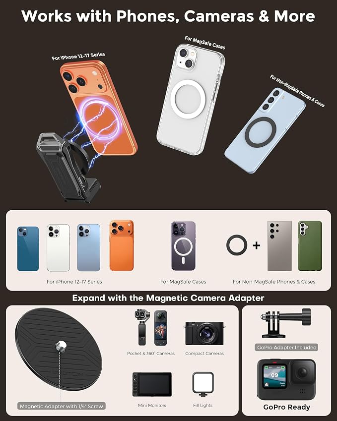 OMOTON TP02-Ultra Multi-Device Camera & Phone Mount with 1/4" Adapter Black | Built-In 1/4" & Arca Base, Clamp, Magnetic & Tripod Setups for iPhone, Pocket/Action Cameras, Overhead & Low-Angle Filming - Image 6