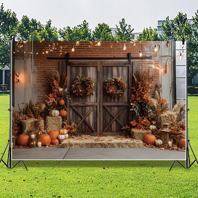 12x8ft Fall Thanksgiving Backdrop Pumpkins Autumn Harvest Pumpkins Barn Photography Background Hay Maple Leaves Birthday Party Decorations Banner Photo Booth Props - Image 2