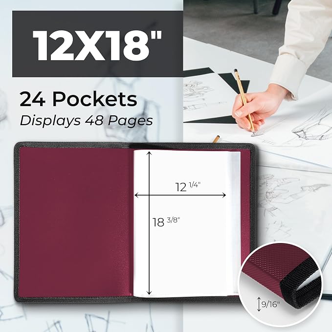 Dunwell 12x18 Art Portfolio Binder, 24-Sleeve, Black Mounting Paper, Ruby | 24 Clear Sleeves, Displays 48 Pages, Black Mounting Paper Included, Artwork Storage, Acid-Free Poly Protection - Image 2