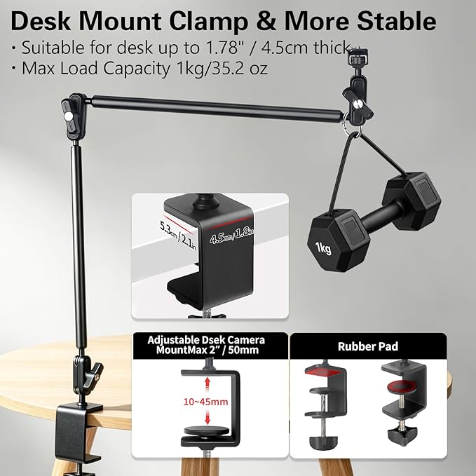 Desktop Clamp Magic Arm 33.84" Kit for Phone,DSRL Two-Stage Adjustable Flexible Arm, Overhead Camera Mount, Desk Phone Mount for Webcam, Action Camera, Mic,Video Light - Image 6