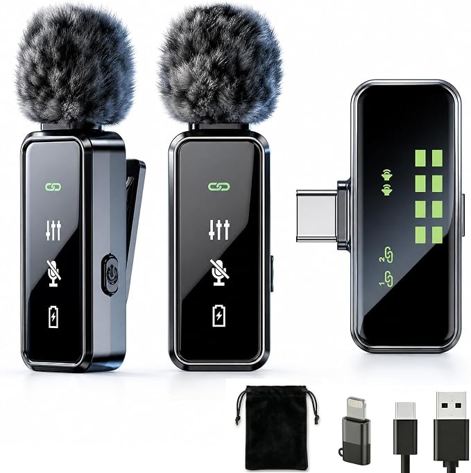 Wireless Lavalier Microphone, 12H Lapel Microphone with Digital Display & Smart Noise Cancellation, Mini Clip On Mic for iPhone Android Type-C, Recording Mic for YouTube TikTok Vlog Podcast Interview by Unknown