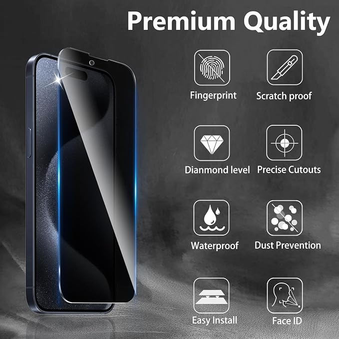 3+3 Pack Privacy Screen Protector Designed for iPhone 15 Pro With 3 Pack Camera Lens Protector,Full Coverage Anti-Spy Tempered Glass Film,9H Hardness,Bubble Free,Easy to Install - Image 3