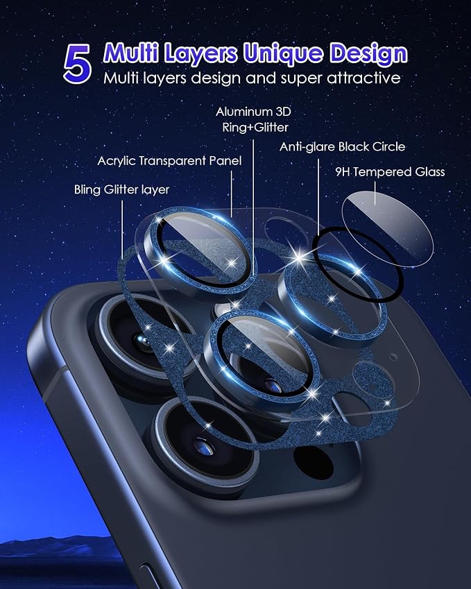 Compatible for iPhone 15 Pro/iPhone 15 Pro Max Camera Lens Protector Glitter Plus 9H Tempered Glass Screen Camera Cover Titanium Glitter Blue - Image 4