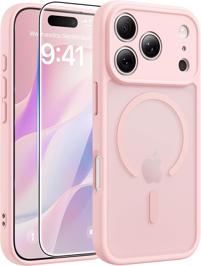 FNTCASE for iPhone 17 Pro Case, Fit for Magsafe, Screen Protector | Full Camera Protection, Translucent Matte, 14FT Military Grade Drop Proof, Shockproof Protective Phone Cover, Light Pink by FNTCASE