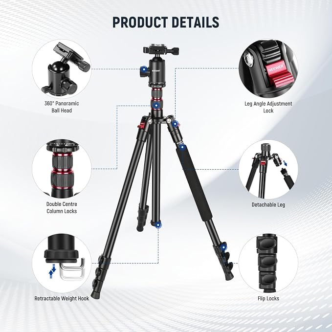 NEEWER 77 Inch Camera Tripod Monopod for DSLR & Phone, Aluminum, TP77 | 360° Panoramic Ball Head, 2 Axis Center Column, Arca Type QR Plate, Bag, Compact Lightweight Travel Tripod, 34lb Max Load - Image 7