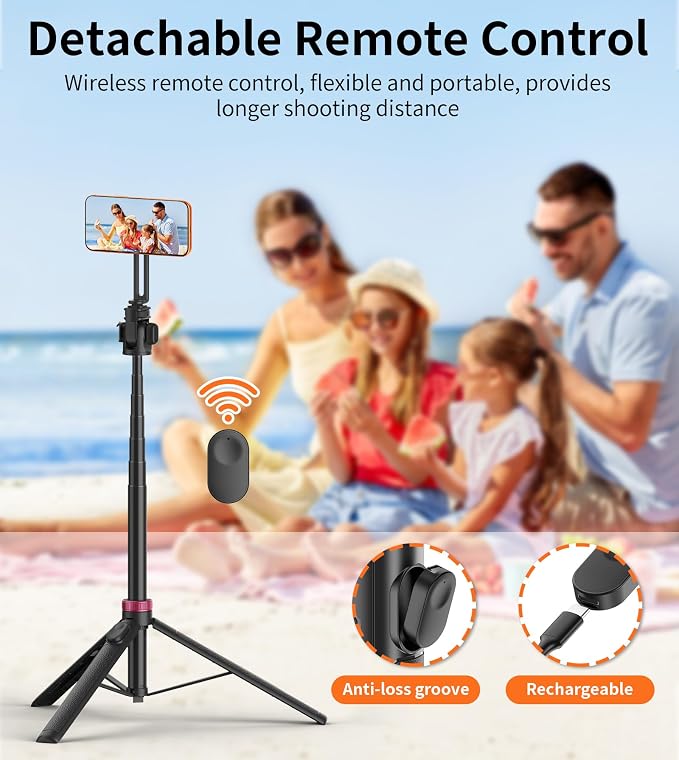 69" Magnetic Phone Tripod Stand Selfie Stick with Remote & Phone Mount | Portable Stand holder Rechargeable with Tripod Leg，360°Rotatable Travel Tripod Compatible for iPhone/Android/Magsafe - Image 6