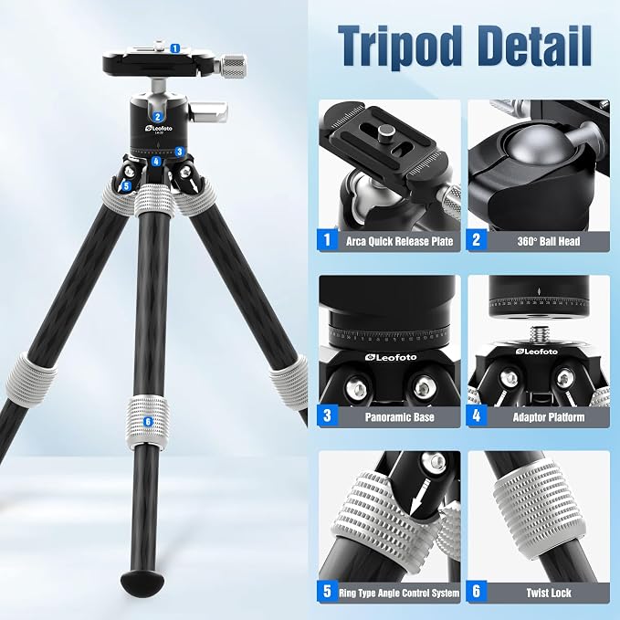 LEOFOTO Carbon Fiber Mini Table Tripod with Ball Head for Camera, Lightweight Desktop Tripod with Base, 1/4" Arca QR Plate for Phone Adaptor/Projector, Max Height 10.43", Max Load 11LB, MT-02C Plus - Image 6