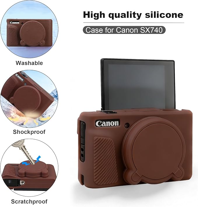 BOVKE Hard Case + Silicone Cover for Canon PowerShot SX740 HS Camera, Brown | SX740 SX730 Digital Camera Shockproof EVA Storage Bag & Soft Silicone Protective Case with Removable Lens Cover, Wrist Strap - Image 4