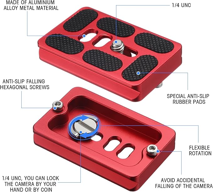 Frienda Quick Release Plate Tripod 1/4-20 DSLR,Pu60,Red | Tripod Mount Plate, Camera Tripod Mount for DSLR Camera Tripod Ball Head , Metal, 1.9 x 1.5 x 0.4 Inch - Image 4