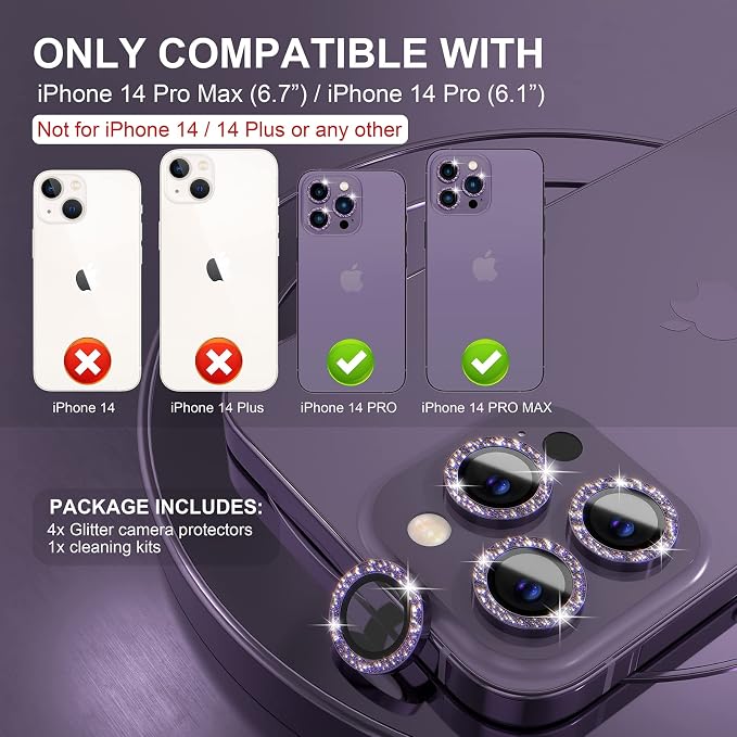 Choiche for iPhone 14 Pro/iPhone 14 Pro Max Camera Lens Protector | Ultra HD, Bling 9H Tempered Glass Camera Cover Screen Protector Metal Ring Decoration Accessories (Glitter-Purple) - Image 2