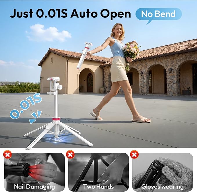ULANZI MT-44B Phone Tripod, 59'' Auto Open Phone Stand Dual Camera Set up | 360° Ball Head, Extendable Selfie Stick w Cold Shoe, Stable Four-Leg for Filming Vlog Travel, Family Gatherings White - Image 2