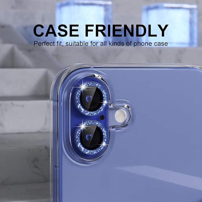 Choiche for iPhone 16/16 Plus Camera Lens Protector, Glitter-Ultramarine | Ultra HD, Bling 9H Tempered Glass Camera Cover Screen Protector Metal Individual Ring Accessories, 2-Lens, 6.1/6.7-inch - Image 4