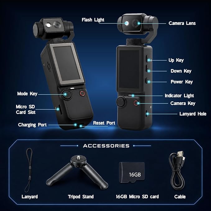 4K Handheld Camera for Vlogging 66M Small Pocket Tripod Body Cameras | 4K Video Recording&66M Photo | 180° Rotating Lens | 1.9in Screen | 5 Hours Working | Auto&Manual Focusing | Tripod, 16GB Card - Image 9