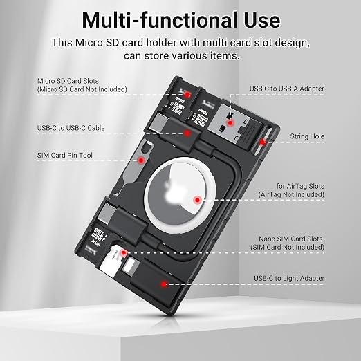 Multi-Functional Micro SD Card Holder for AirTag Portable Cable Card | for 3X TF MicroSD MSD Cards & 1x SIM Card Storage,with USB-C Cable,Type-C to Light & Type-C to Type-A Adapter,w Eject Pin - Image 3