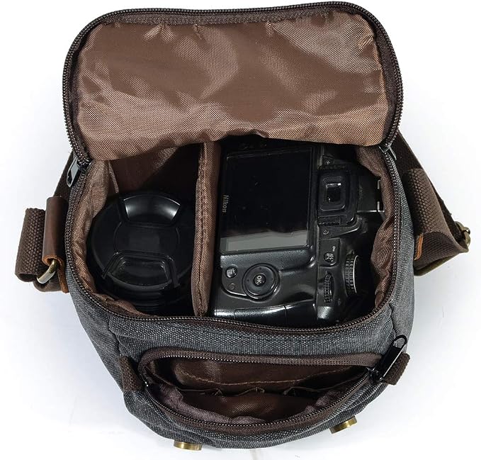 Small Camera Bag/Case, Vintage Canvase Leather Trim DSLR SLR Camera Shoulder Messenger Sling Bag - Image 3
