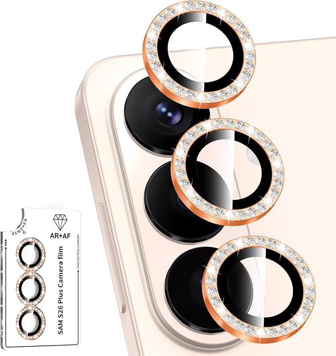 for Samsung Galaxy S26 Plus Camera Lens Protector, Individual Metal Ring Tempered Glass Lens Cover, [Strong Adsorption] Scratch Resistant Ultra-Thin HD Clear Lens Cover, 1 Set-Orange Diamond by Btscase