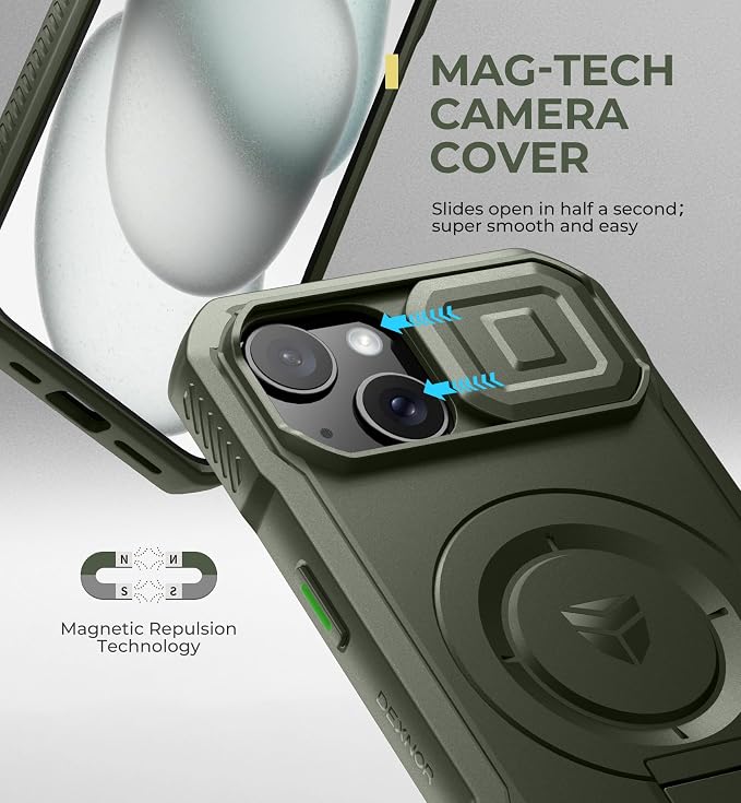 Dexnor for iPhone 15 Case with Slide Camera Cover & Adjustable Kickstand, Compatible with MagSafe, Rugged Shockproof Bumper Cases Heavy-Duty Magnetic Protective Cover,6.1 inch,Army Green - Image 4