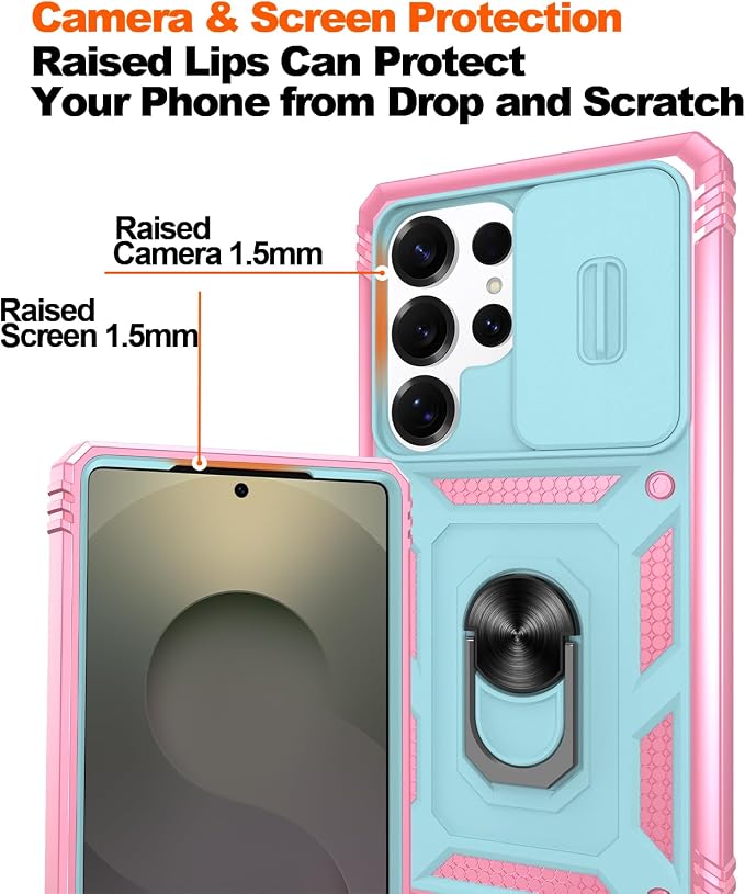 Gritup Fit for Samsung Galaxy S25 Ultra Case with Slide Camera Cover | 2 Pcs Screen Protector, Build in 360° Rotating Ring Kickstand, Military Grade Protective Phone Case, Green+Pink - Image 4