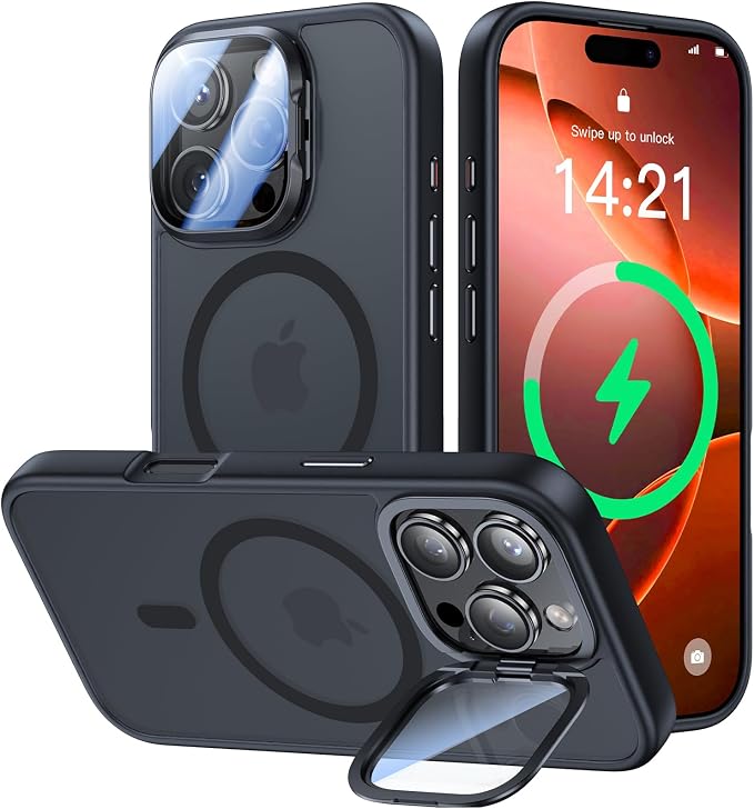 VOFATA [Upgraded] for iPhone 16 Pro Max Case with Camera Cover Stand [Fit for MagSafe][9H Camera Lens Protector] Mil-Grade Protection Translucent Magnetic iPhone 16 Pro Max Phone Case, Black by VOFATA