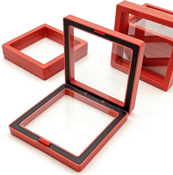 12 PCS Dual-Color Packaging Box 3D Floating Frame Display Stand, Color-Matching Packaging Display Box, Transparent Window Jewelry Case, PE Film Anti-Oxidation Storage Case. (Red+Black) - Image 2