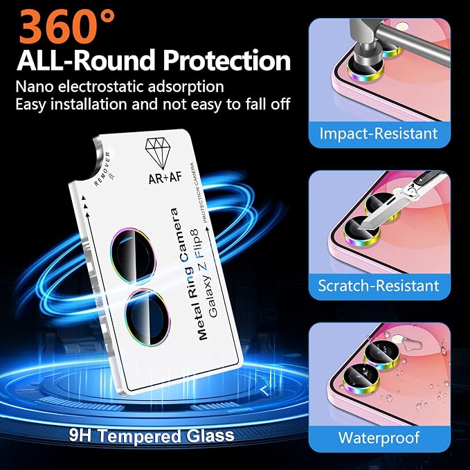 for Samsung Galaxy Z Flip 8 Camera Lens Protector, Individual Metal Ring Tempered Glass Lens Cover, [Strong Adsorption] Scratch Resistant Ultra-Thin HD Clear Lens Cover, 1 Set-Colorful Ring - Image 3