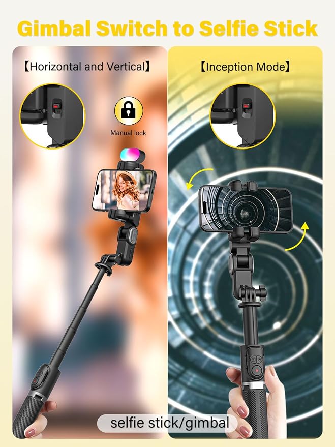 Gimbal Stabilizer for Smartphone,2-axis stabilizer Without APP face Tracking,4 in 1 Portable Phone Tripod,stabilizer for iPhone& Android,108CM Extension Rod,AOCHUAN M2PRO Black | 4-in-1 Portable Phone stabilizer, 108cm Extension Rod w/RGB Fill Light, C... - Image 4