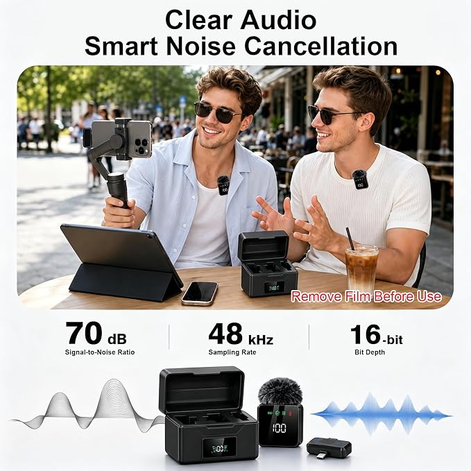 2 Mini Wireless Lavalier Microphones for iPhone & Android, Noise Cancelling, Plug & Play, 60H Battery with Charging Case, Portable Lapel Mic for Content Creators, Podcast, Streaming (Black) - Image 2