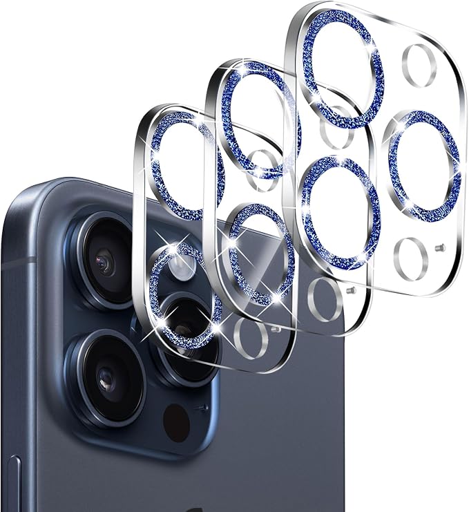 Dengduoduo 3 Pack Tempered Glass Camera Lens Protector for iPhone 15 Pro 6.1" & for iPhone 15 Pro Max 6.7", Bling Glitter Ultra HD, 9H Hardness, Anti-Scratch, Case Friendly [No Affect on Night Shots] by Dengduoduo