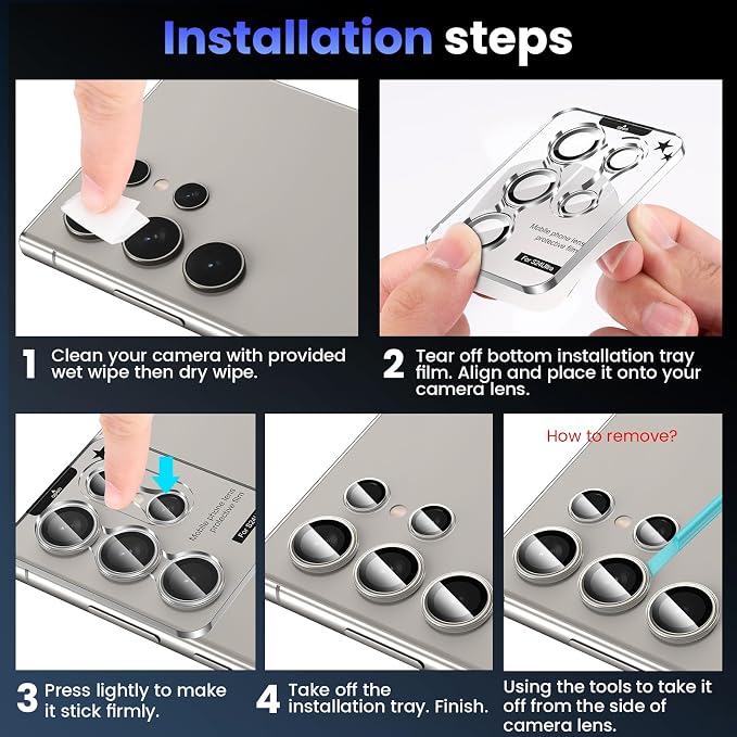 Tensea Compatible with Samsung Galaxy S24 Ultra Camera Lens Protector | 9H Tempered Glass Camera Cover Screen Protector Metal Individual Ring [Installation Tray][Case Friendly] - Image 7