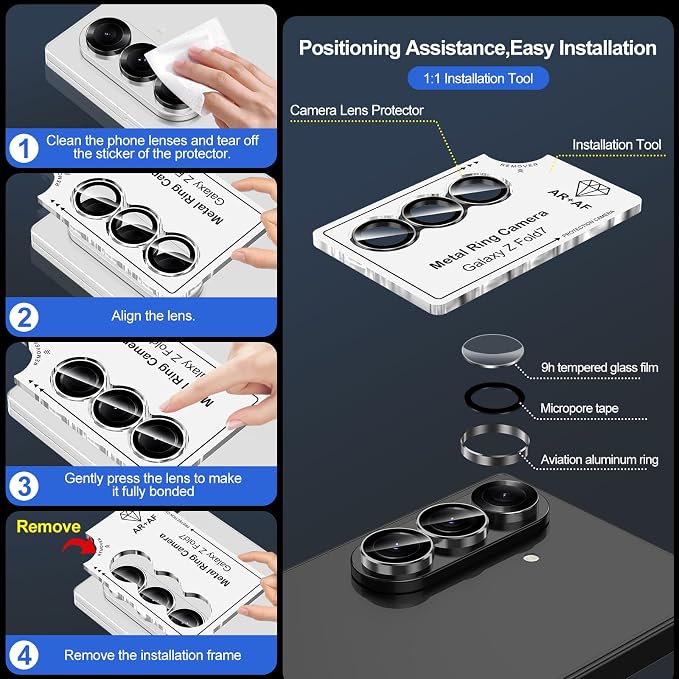 for Samsung Galaxy Z Fold 7 Camera Lens Protector, Individual Metal Ring Tempered Glass Lens Cover, [Strong Adsorption] Scratch Resistant Ultra-Thin HD Clear Lens Cover, 1 Set-Black Ring - Image 6