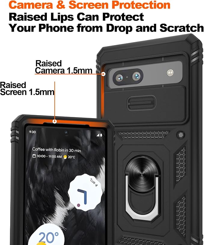 for Google Pixel 7A Case with Slide Camera Cover & Screen Protector*2, Pixel 7A Case Build in 360° Rotating Ring Kickstand, Military Grade Protective Case for Google Pixel 7A Phone Case, Black - Image 5