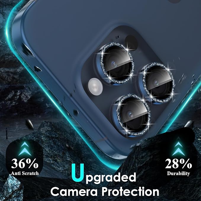 YWXTW Designed for iPhone 15 Pro/iPhone 15 Pro Max Camera Lens Protector Bling, [New Glitter Design] Individual Metal Tempered Glass Camera Cover Accessories Case Friendly (Blue Titanium Glitter) - Image 3