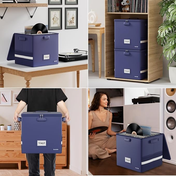 DocSafe Vinyl Record Storage Box with Lock,Fireproof Record Organizer Storage for 100+ Single Records(12-inch), Collapsible Storage Crate with Lid & Handles for Valuable Album Collection,Blue,2 Pack - Image 5